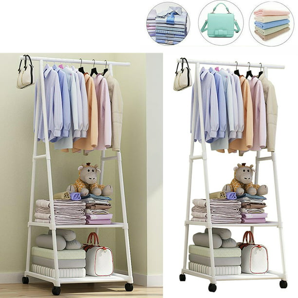 Clothes Hanging Rail With Wheel 2 Tier Wood Storage Rack Display Organizer Stand